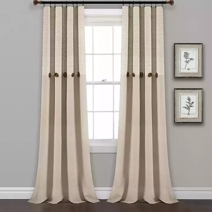 Linen Button and Stripe Curtain Panel Set, 95 in.