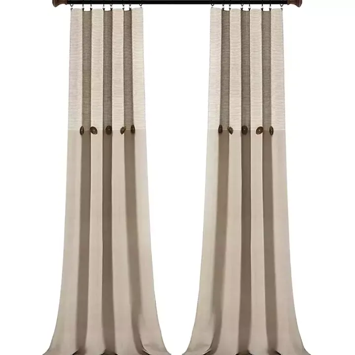 Linen Button and Stripe Curtain Panel Set, 95 in.