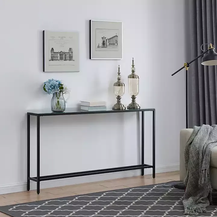 Long Black Metal Mirrored Top Console Table