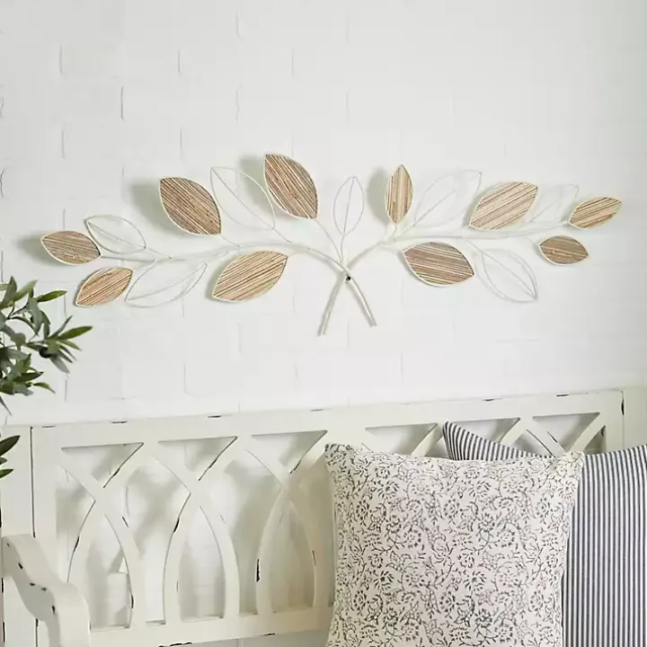 Long White Metal and Reed Leaf Wall Plaque