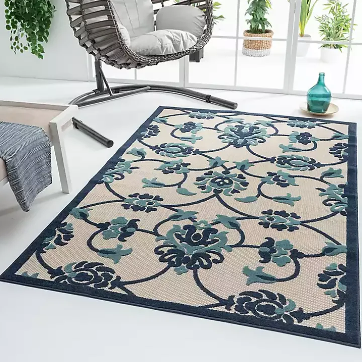 Lyla Blue Floral Damask Indoor/Outdoor Rug, 5x8