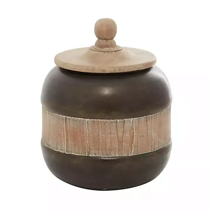 Mahogany Wood and Metal Jar with Lid, 11 in.