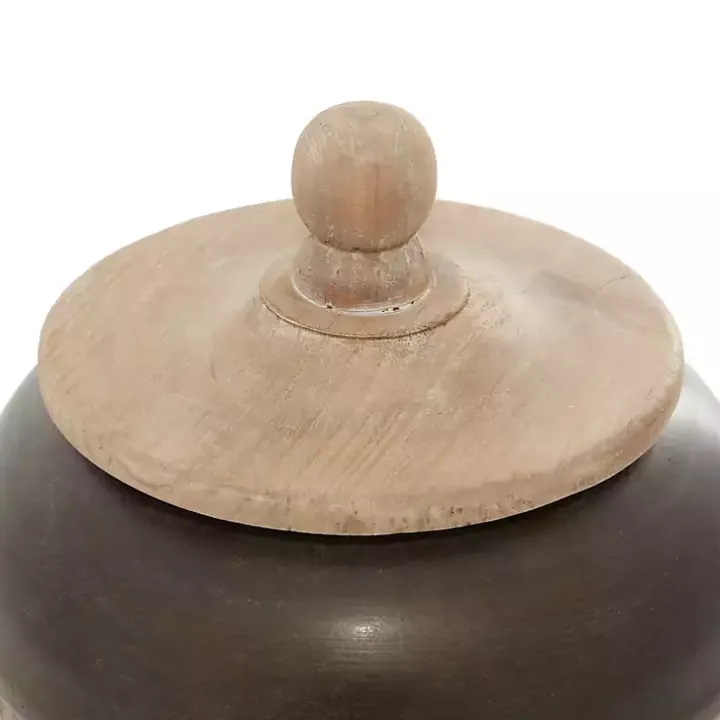 Mahogany Wood and Metal Jar with Lid, 11 in.