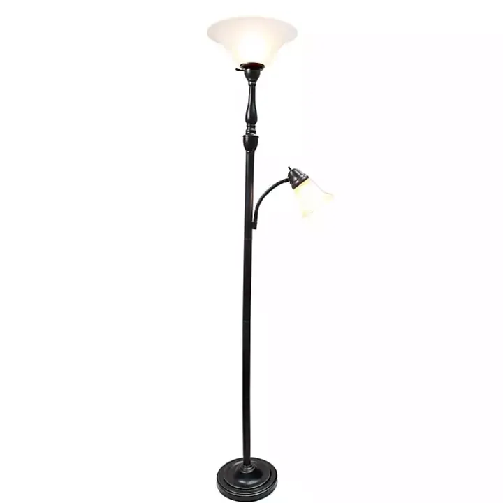 Matte Bronze and White Reading Arm Torchiere