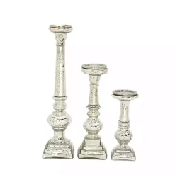 Mercury Glass Silver Candle Holders, Set of 3