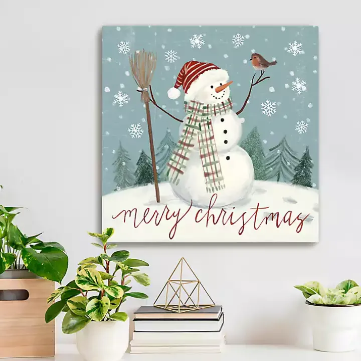 Merry Christmas Snowman Canvas Wall Plaque