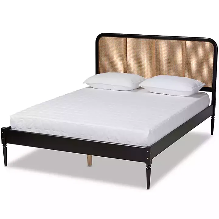 Mid-Century Black Wood Rattan Queen Platform Bed