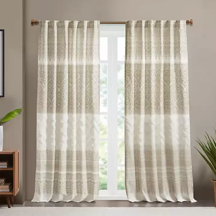 Mila Tan Horizontal Stripe Curtain Panel, 84 in.