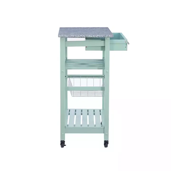 Mint Green Rolling Kitchen Cart with Granite Top