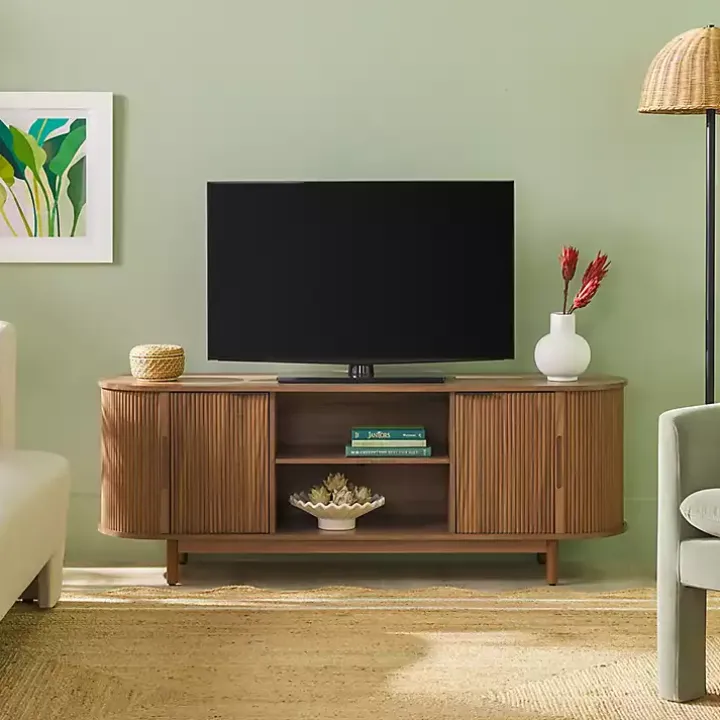 Mocha Brown Wood Reeded Oval TV Stand