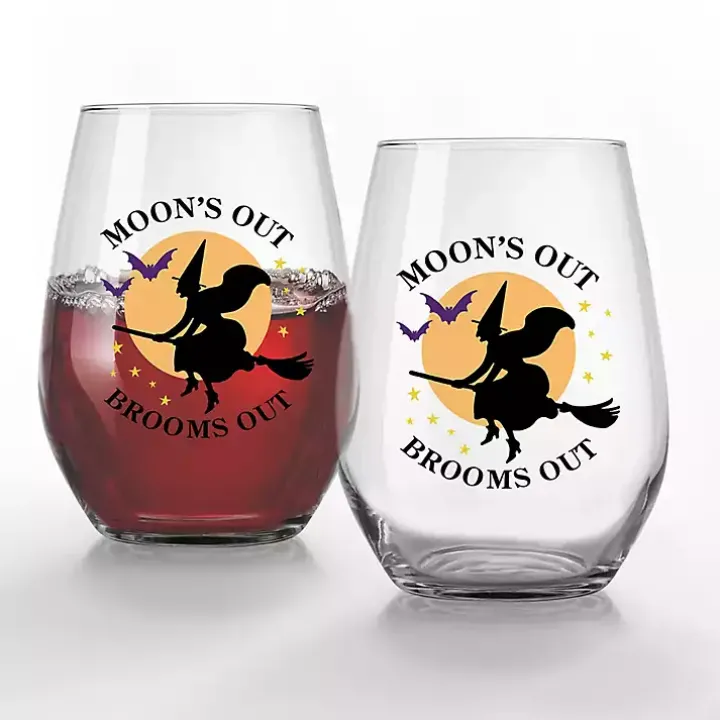 Moon's Out Brooms Out Halloween Glasses, Set of 2