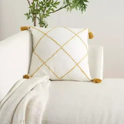 Mustard Stitched Lattice Throw Pillow