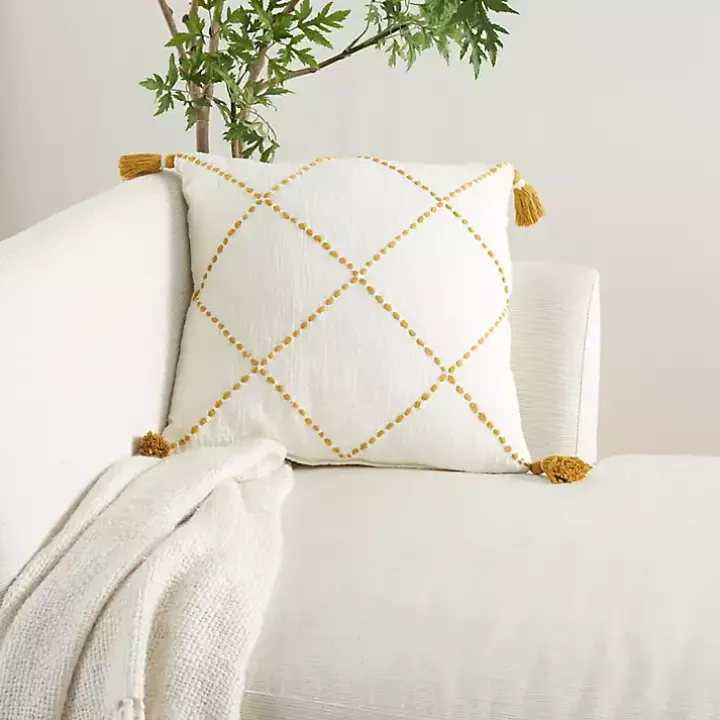 Mustard Stitched Lattice Throw Pillow