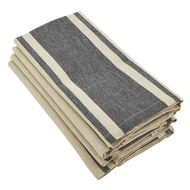 Natural and Black Banded Cotton Napkins, Set of 4
