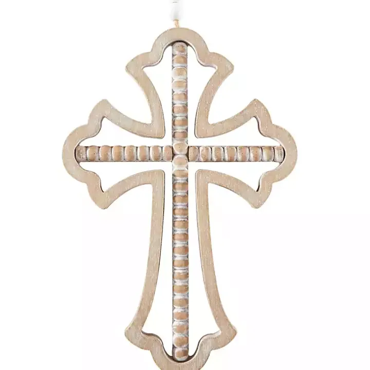 Natural Beaded Wood Cross Wall Plaques, Set of 3