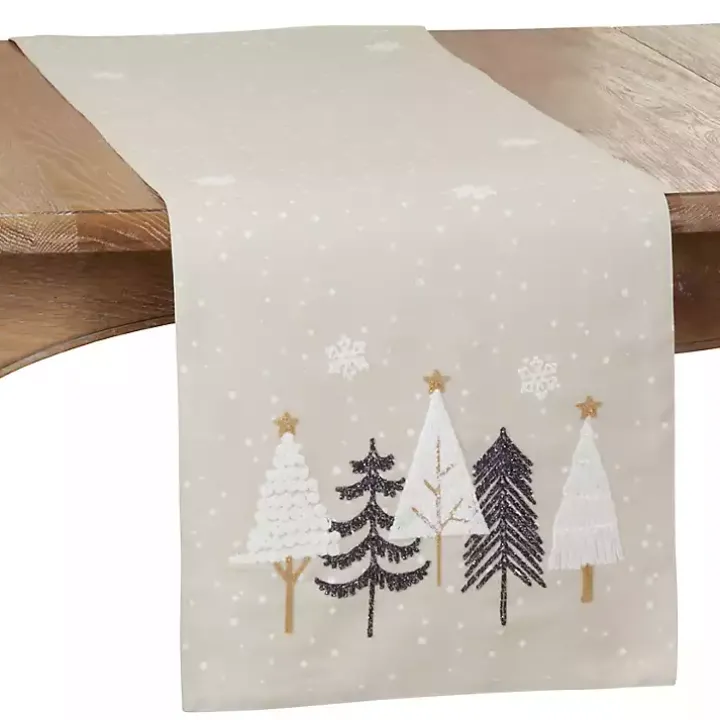 Natural Embroidered Christmas Trees Table Runner
