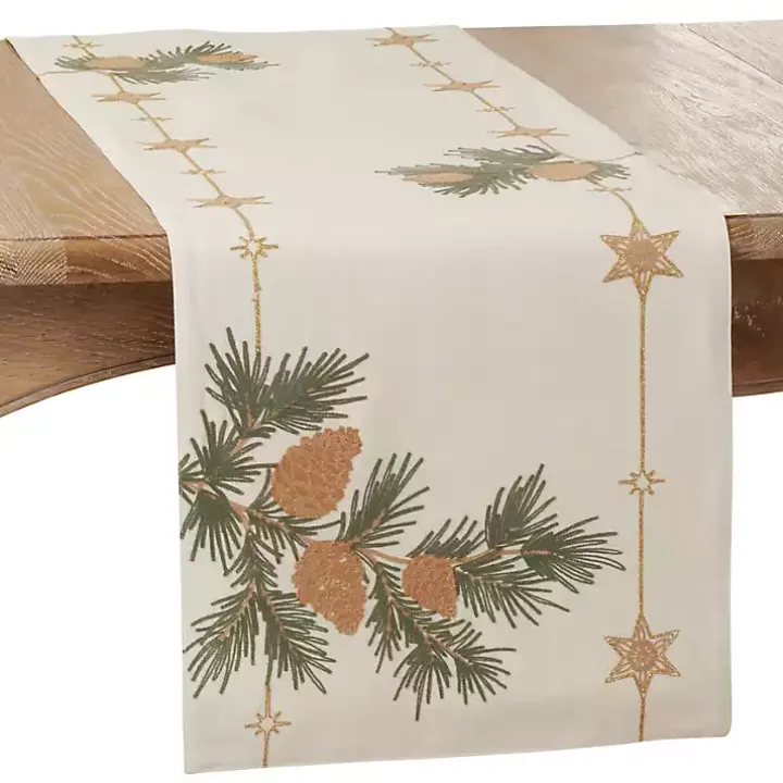 Natural Embroidered Pinecone Table Runner
