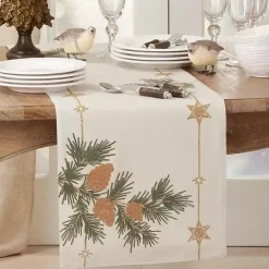 Natural Embroidered Pinecone Table Runner
