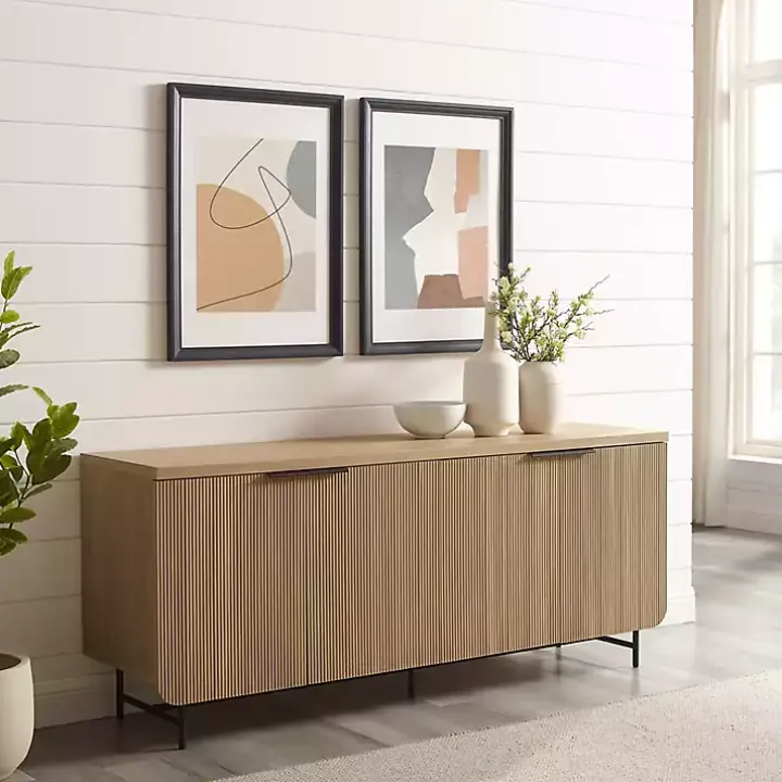 Natural Fluted Wood 4-Door Scandinavian Cabinet
