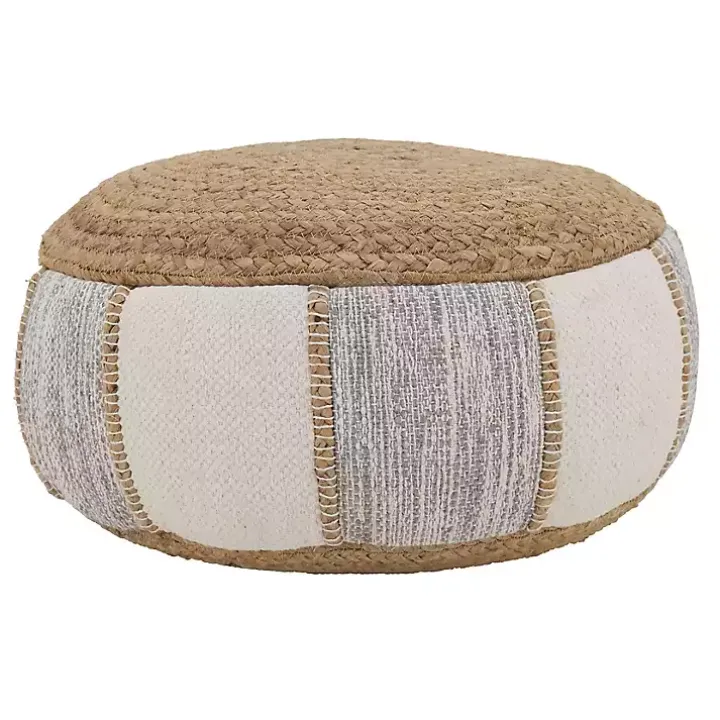 Natural Gray and White Striped Jute Pouf