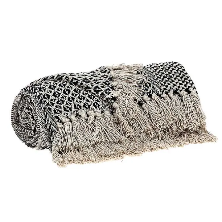 Natural Gray Tribal Wool Tassel Throw