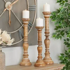 Natural Mango Wood Carved Candle Holders, Set of 3