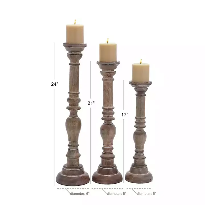 Natural Mango Wood Carved Candle Holders, Set of 3