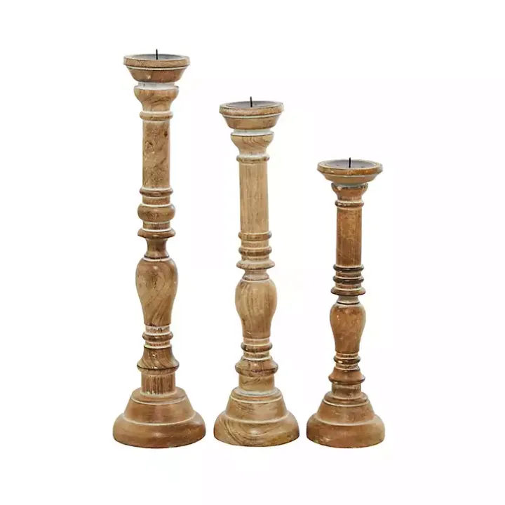 Natural Mango Wood Carved Candle Holders, Set of 3