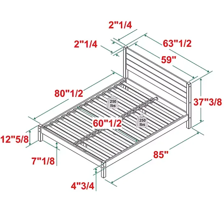 Natural Pine Wood Slatted Headboard Queen Bed