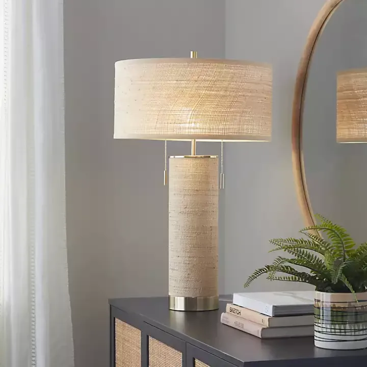 Natural Rattan and Gold Metal Table Lamp