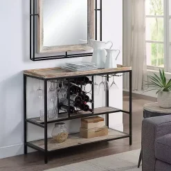 Natural Wood & Black Metal Wine Rack Console Table