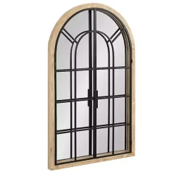 Natural Wood and Metal Arch Windowpane Wall Mirror