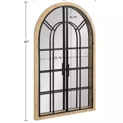 Natural Wood and Metal Arch Windowpane Wall Mirror