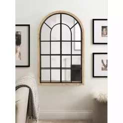 Natural Wood and Metal Arch Windowpane Wall Mirror