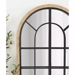 Natural Wood and Metal Arch Windowpane Wall Mirror