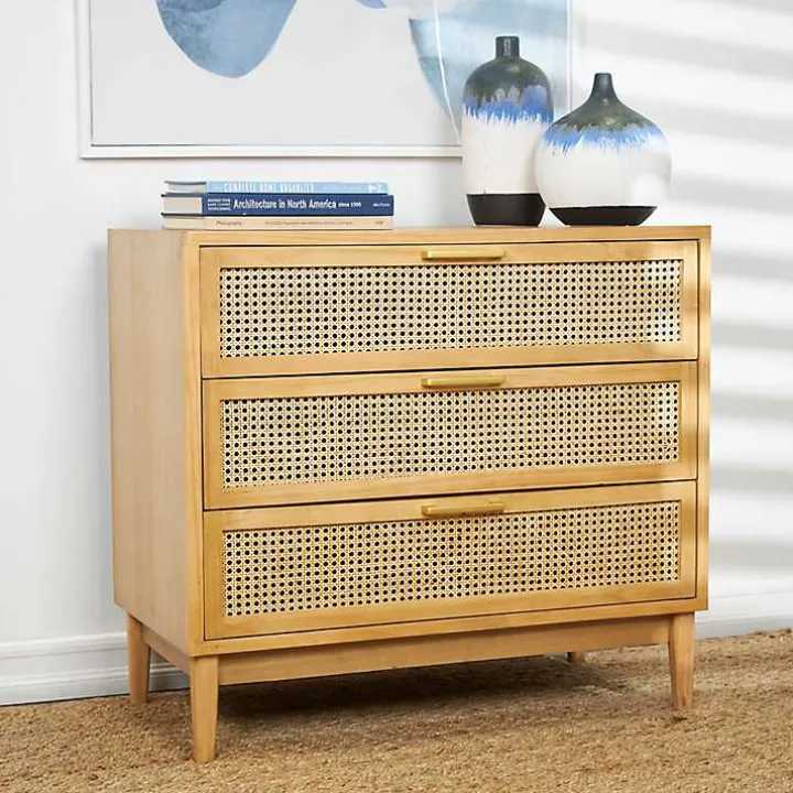 Natural Wood and Rattan 3-Drawer Chest