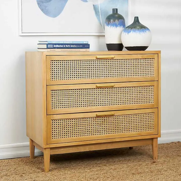 Natural Wood and Rattan 3-Drawer Chest