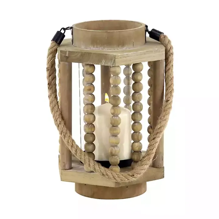 Natural Wood Beaded & Rope Handle Lantern