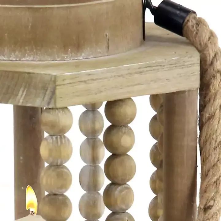 Natural Wood Beaded & Rope Handle Lantern