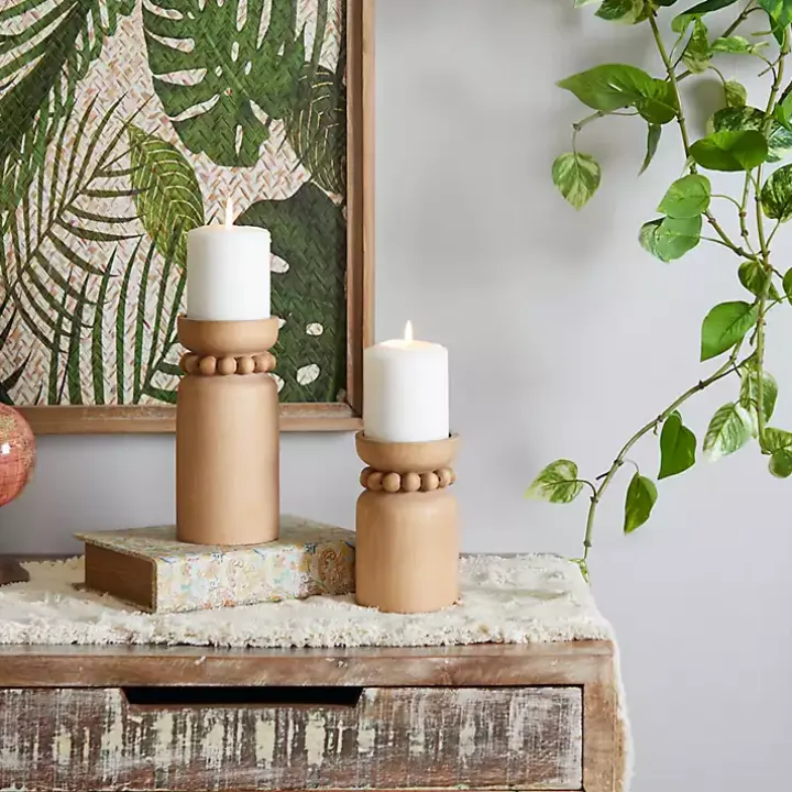 Natural Wood Beaded Candle Holders, Set of 2