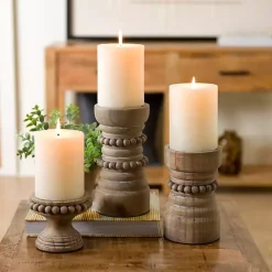 Natural Wood Beaded Pillar Candle Holder, 4 in.