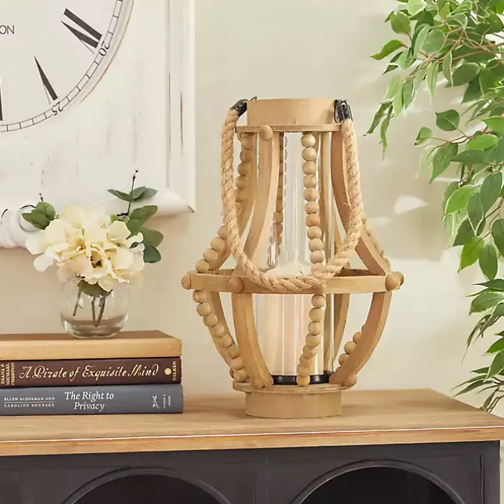 Natural Wood Beaded Teardrop Lantern
