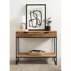 Natural Wood Black Metal Console Table
