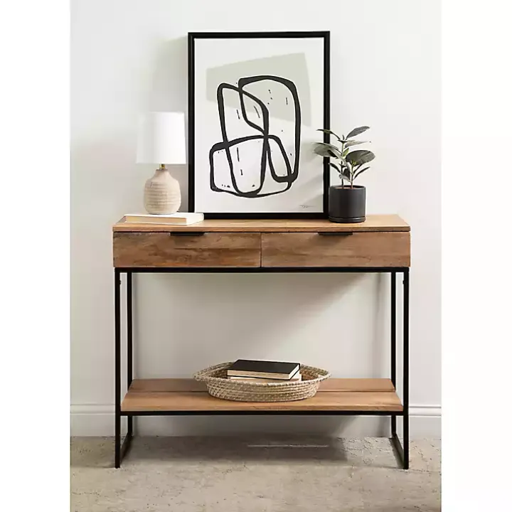 Natural Wood Black Metal Console Table