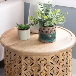 Natural Wood Carved Diamonds Accent Table