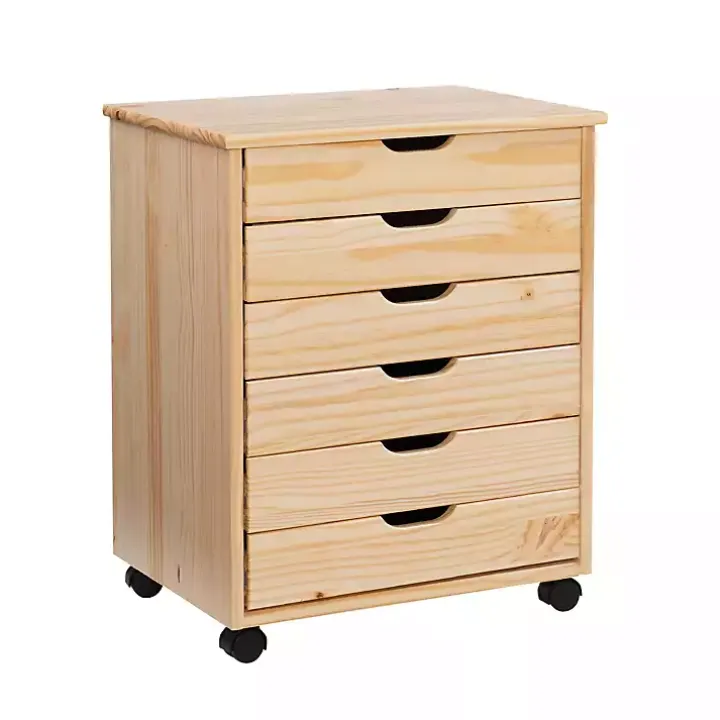 Natural Wood Wide 6-Drawer Cary Storage Cart