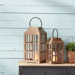 Natural Wood Windowpane Lantern, 22 in.