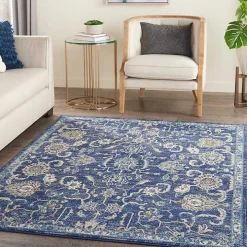 Navy and Beige Botanical Area Rug, 5x7