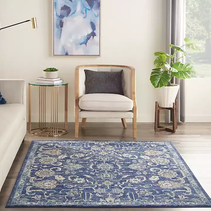 Navy and Beige Botanical Area Rug, 5x7