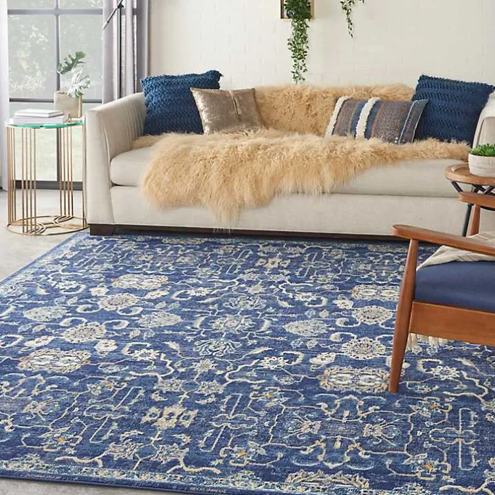 Navy and Beige Botanical Area Rug, 7x9